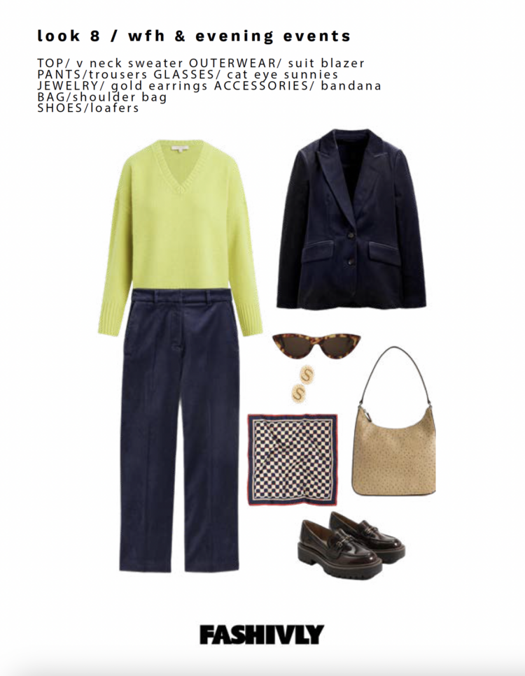 The 8th look from my Fashivly style guide features a navy velvet pantsuit from Boden with a pale lime green chunky cashmere sweater from Favorite Daughter. It is styled with brown chunky loafers, a cream and burgundy print silk bandana, tan leather shoulder bag from STAUD, small gold hoops and tortoise cat eye sunglasses.